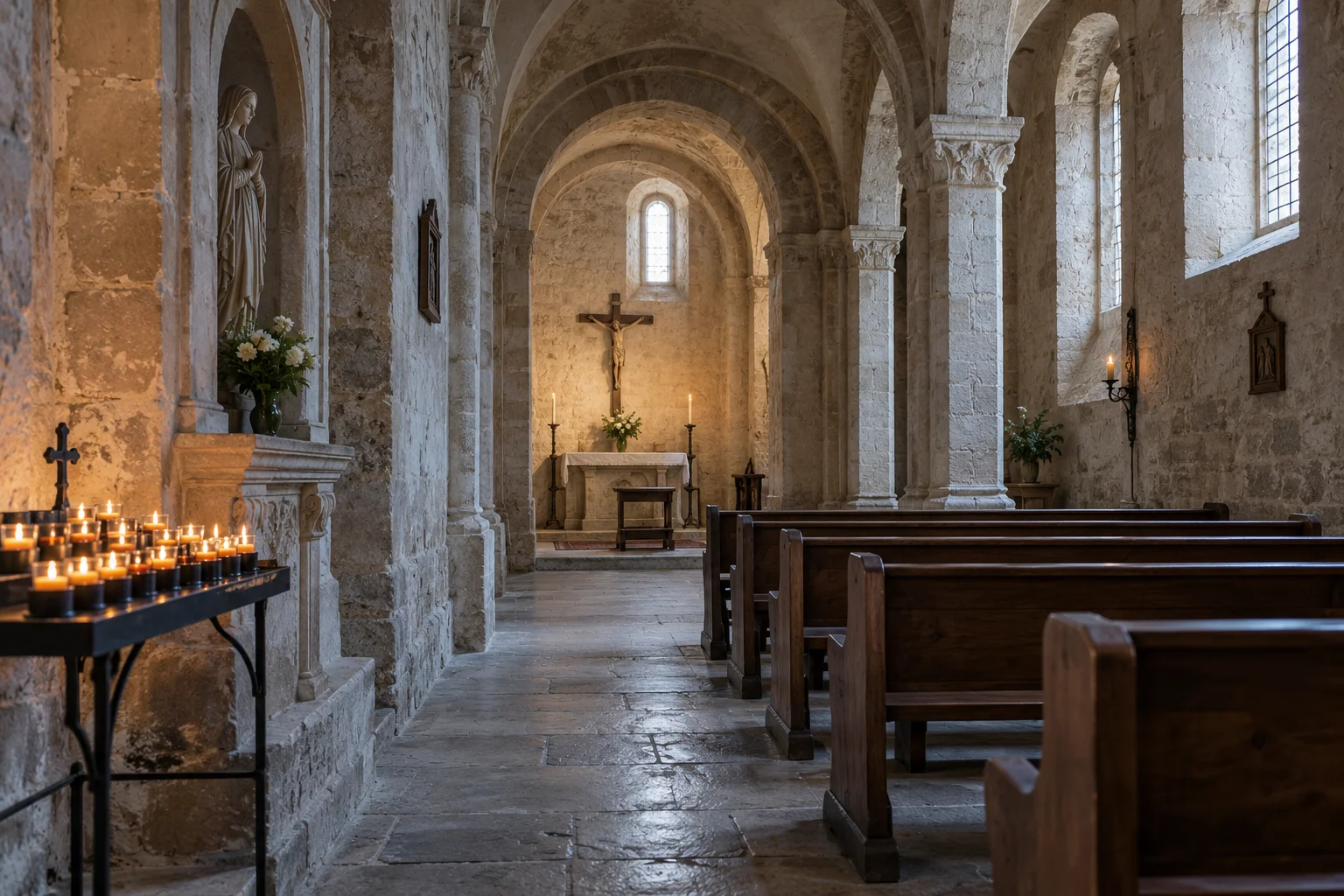 Illustration of a quiet stone chapel with wooden pews and votive candles