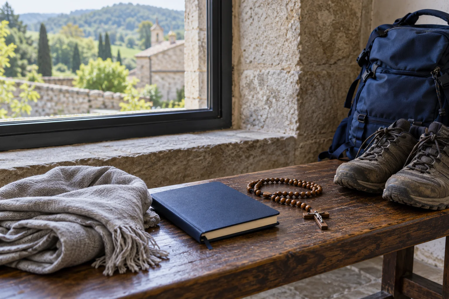 Illustration of a travel journal, prayer beads, walking shoes, and a daypack beside a window