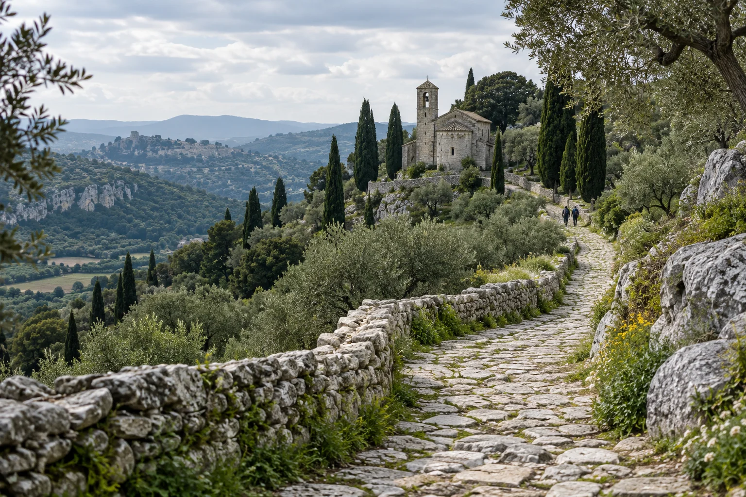 Editorial illustration of a stone path toward a European chapel with two distant walkers