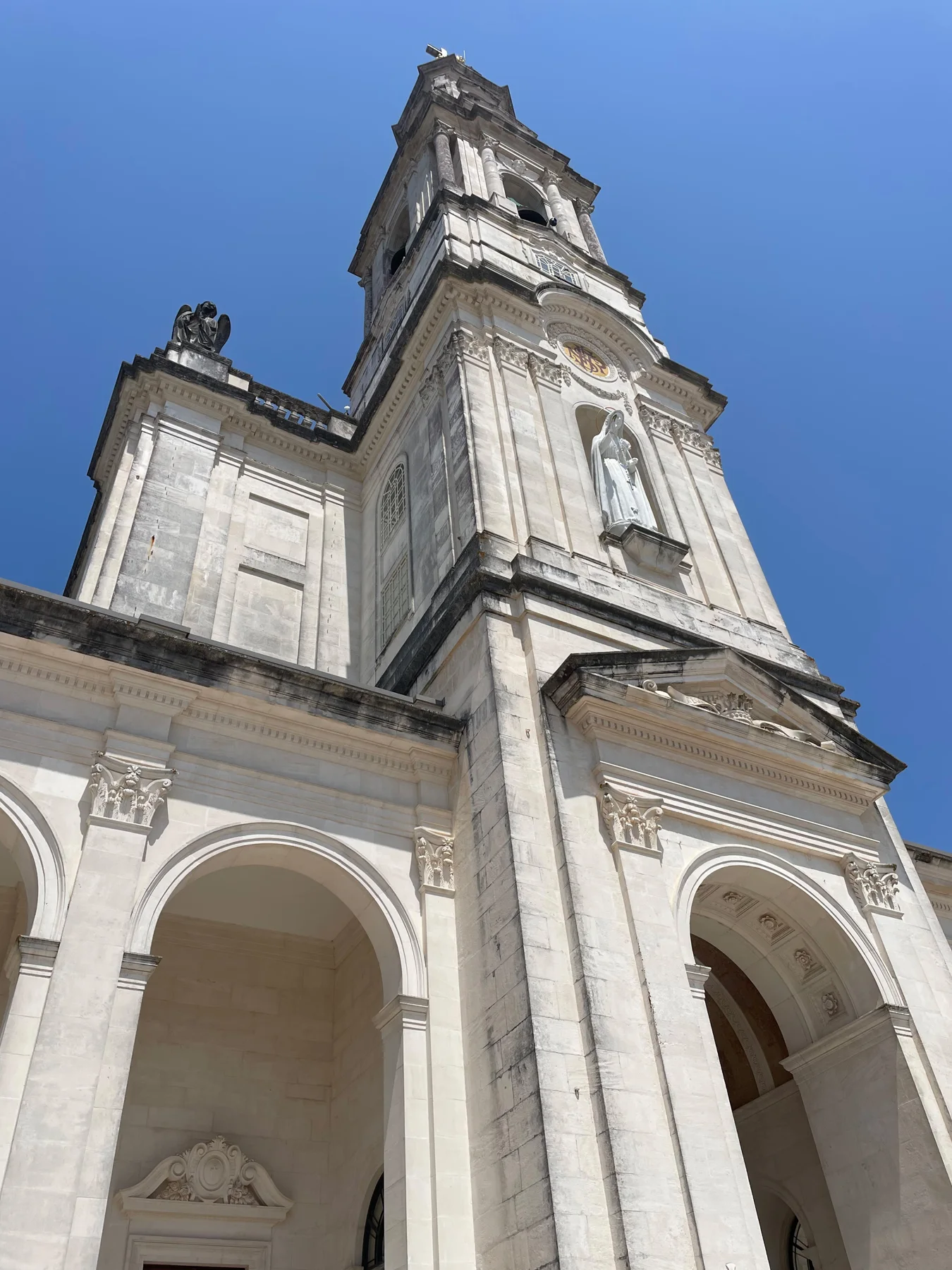 The limestone tower of the Basilica of Our Lady of the Rosary in Fátima