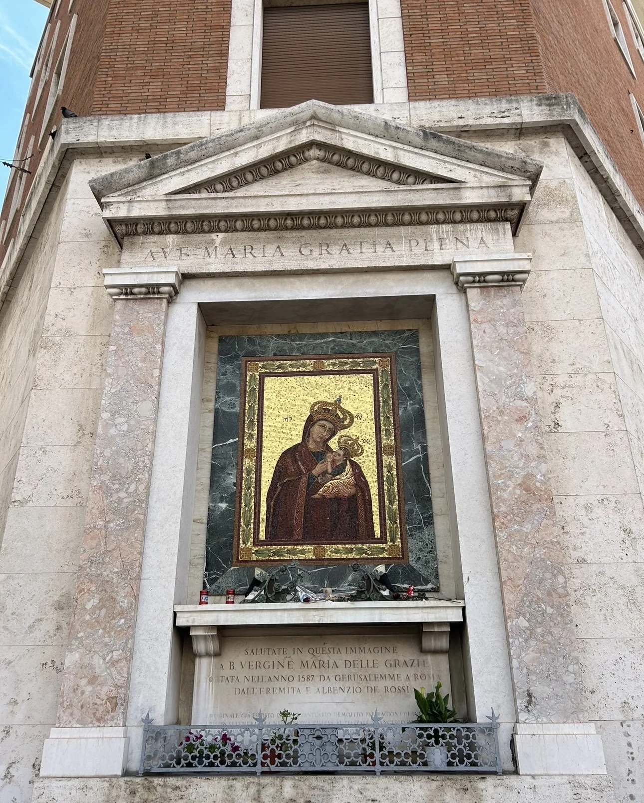 The Madonna delle Grazie mosaic shrine with its pediment reading AVE MARIA GRATIA PLENA, brought from Jerusalem to Rome in 1587