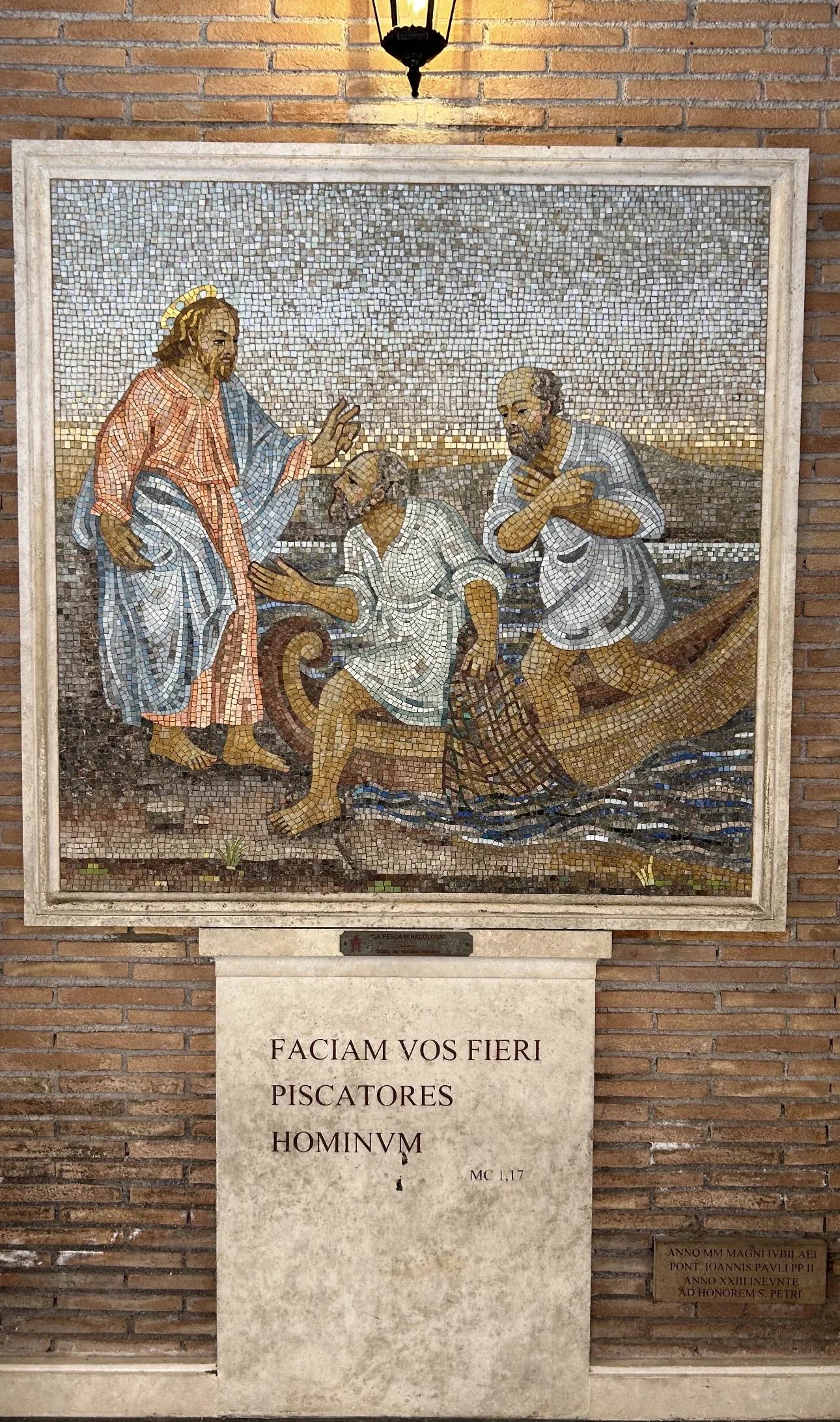 A mosaic of the miraculous catch of fish with the inscription FACIAM VOS FIERI PISCATORES HOMINVM, Mark 1:17